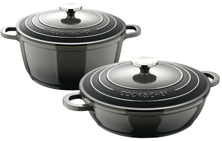ExcalIBUR Kochtopf-Set mit einem Durchmesser von 20 cm - 2,4 l und einem niedrigen Kochtopf mit einem Durchmesser von 24 cm - 2,3 l aus Aluminiumguss, Grau Bergner