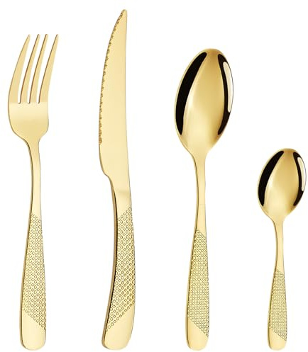 Joeczo 32 Piece Gold Cutlery Sets, Stainless Steel Cutlery Set for 8 People | Include 8 Forks, 8 Knives, 8 Spoons And 8 Teaspoons, Dishwasher Safe, Gold, Silverware Set for Home/Restaurant