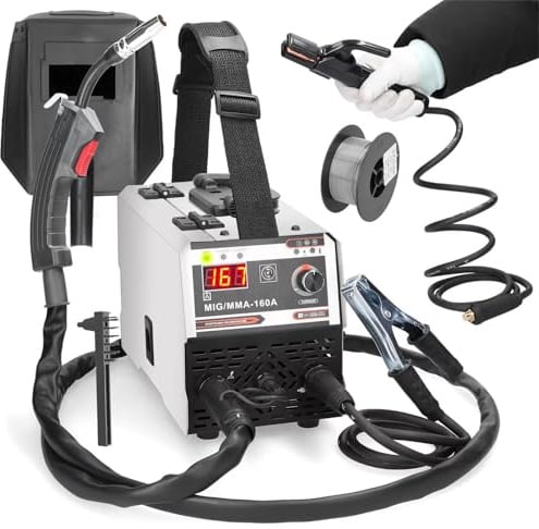 160A Fülldraht Schweißgerät, 2-in-1 Elektroden Schweißgerät (MIG/MMA), Automatisches Drahtvorschub-Kontakt-Schweißen, Gaslichtbogenschweißgerät, kompakter IGBT Inverter Schweissgerät