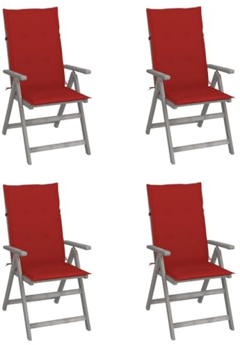 Bucmath 4er Set Hochlehner Gartenstühle, verstellbar, Akazien-Massivholz Grau, mit roten Auflagen, 5-Fach verstellbar, für Balkon, Terrasse, Bequeme Outdoor-Sitzgelegenheit
