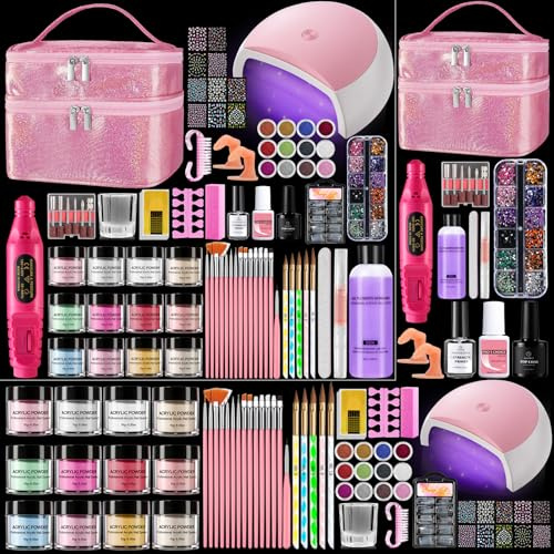 Yokilly Nagelstudio Acryl Nägel Starterset Komplett mit UV Lampe & Tasche | Nägel Selber Machen Set with 12Farbe Acryl Pulver Nails,Nagelfräse,12Farbe Acrylpulver Gelnägel Sets für Anfänger Zuhause DIY
