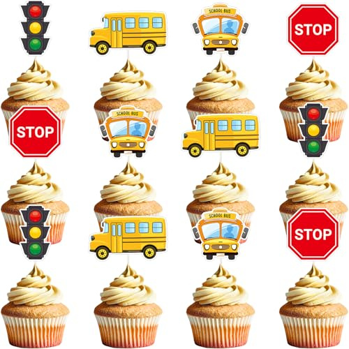 Nymora Schulbus-Partydekorationen - 48 STÜCKE Rück-zur-Schule-Cupcake-Topper Geburtstagsdekoration Wheels on the Bus-Cupcake-Picks Geburtstagsdekoration Klassenzimmer-Themen-Zubehör