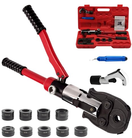 Rohrpresszange hydraulisch–Profi Presszange mit TH16 TH20 TH26 TH32 & V12 V15 V18 V22 V28 Kontur für Kupferrohre, Alu-Verbundrohr & Edelstahlrohr,Pressfitting Zange inkl. Rohrschneider & Entgrater