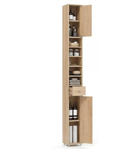 COSTWAY Slim Bathroom Tall Cabinet, Freestanding Storage Cupboard with 2 Doors, 1 Drawer & Adjustable Shelves, Wooden High Floor Cabinet Unit for Bathroom Living Room, 20x20x180cm (Natural)