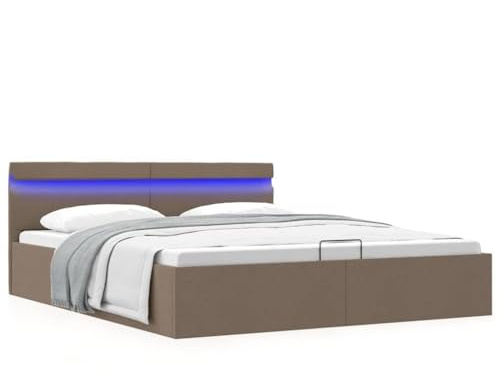 Yisssmeng 160x200 cm Taupe Boxspringbett mit LED, hydraulischer Bettkasten, Lattenrost, 16 Farben Fernbedienung