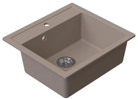 HOMEVELLO Spülbecken DIGIT Einbecken Granitspüle 56x51x21cm Beige, Hochwertige Küchenspüle mit Siphon, Überlauf, Pflegeleicht, Kratzfest, Moderne Design, Perfekt für jede Küche