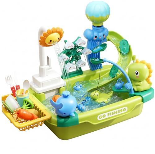 Évier pour tout-petits, évier jouet avec eau courante, ensemble de jeu pour tout-petits - Table à eau pour enfants sur le thème des dinosaures avec pêche, lave-vaisselle et toboggan, système de circu