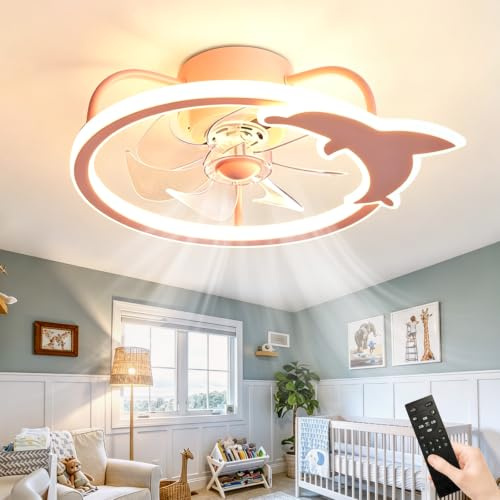 Fachae Niños Ventilador de Techo con Luz con Mando a Distancia & APP 50cm | Rosa/Azul (Estrellas/Delfín) for Niños/Niñas 6 Velocidades Mando a Distancia Reversible Temporizador 3 Temperaturas de Color