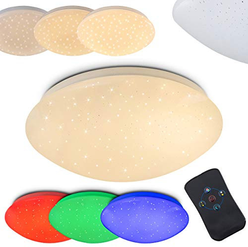LED Deckenleuchte Quebec, dimmbare Deckenlampe aus Metall in Weiß, mit Nachtlichtfunktion, 8 Watt, 615 Lumen, 3000 Kelvin, mit RGB Farbwechsler u. Fernbedienung, Sternenhimmel-Effekt