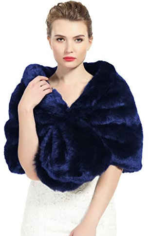 BEAUTELICATE Kunstpelz Schal Stola Damen für Frauen Festlich Bolero Hochzeit Braut Abendkleid Brautschal Brautstola Ivory Navy blau, L