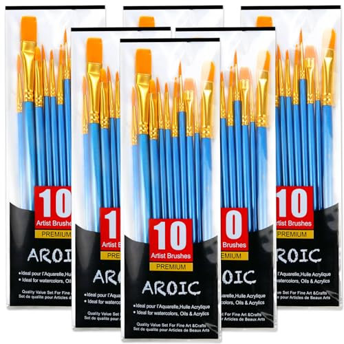 Acrylic Paint Brush Set, 6 Packs / 60 pcs Nylon Hair Brushes for All Purpose Oil Watercolor Painting Artist Professional Kits