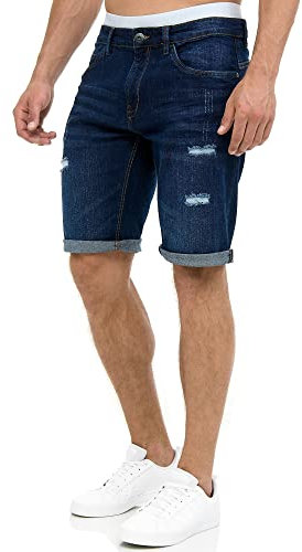 Indicode Herren Caden Jeans Shorts mit 5 Taschen | Herrenshorts Used Look für Männer Holes - Dark Blue, S
