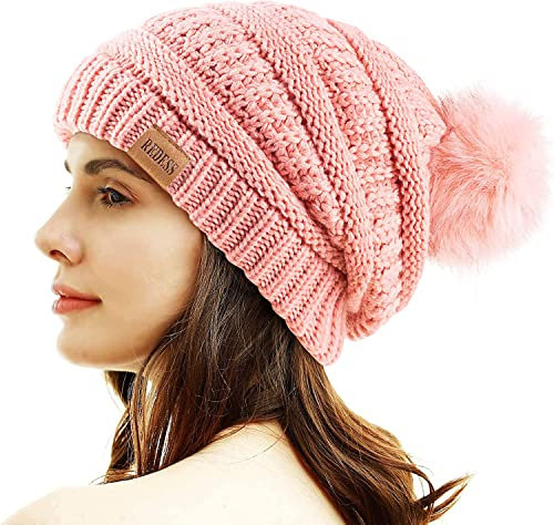 REDESS Damen Winter Pom Pom Beanie Mütze mit warmem Fleece gefüttert, Dicker Slouchy Snow Knit Chunky Baggy Skull Ski Cap