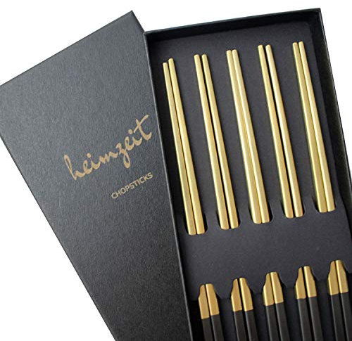 heimzeit Palillos de Acero Inoxidable en Color Oro-Negro, 5 Pares de Palillos de Diseño Elegante, Palillos Sushi aptos para Lavavajillas y Reutilizables