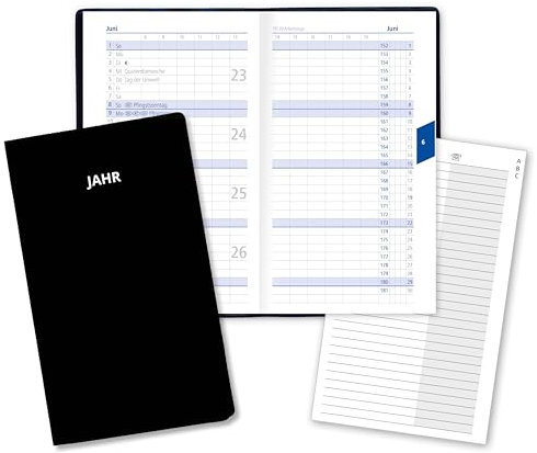 Taschenkalender für das Jahr 2025 Classica Kalender klein mit Monatsübersicht Sonn- und Feiertagen in Blau mit Adressheft PVC Einband in Schwarz