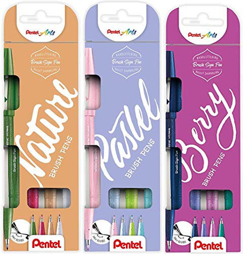Pentel SES15 Brush Sign Pen - Rotulador con punta tipo pincel, colores Berry/Pastel/Nature (baya/pastel/natural)