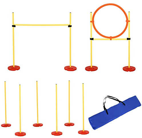 PawHut Agility Set Hunde 3-teiliges Agility-Ausrüstung für Hundetraining Steckhürdenset mit 6 Slalomstangen höhenverstellbar Hürden Sprungreifen Tragetasche Agilityset für Spiele Training