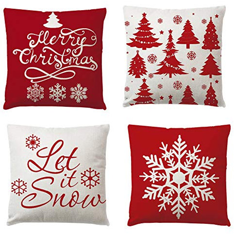 Christmas Decorations Pillow Covers 4 Pack, Christmas Tree Snowflake Reindeer Santa Claus Home Decor Linen Throw Pillow Cases Xmas Holiday Farmhouse Home Bedroom Decorative Cushion, 17.7 Inch Red