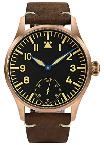 NC San Martin Bronze Flieger Herrenuhr Manuell Mechanisch Saphir Leuchtend Wasserdicht Durchsichtiger Gehäuseboden (Black)