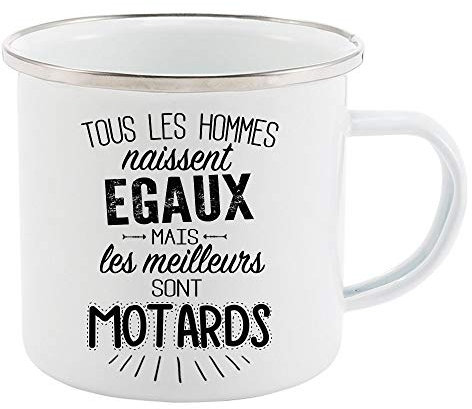 Mug Tasse Rétro en métal émaillé imprimé citation humour Tous les hommes naissent égaux les meilleurs sont motards ref 2070