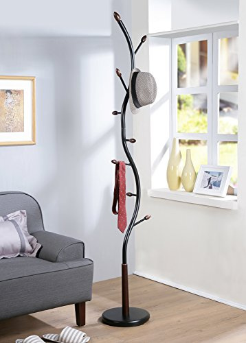 Roundhill Furniture Arles Metal Black and Walnut Standing Coat Rack