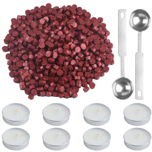 650 Stück Siegelwachs Set, Siegel Wachs Perlen Sticks Set, Octagon Wachs Siegel Set mit 4 Stück Teekerzen, Wachs Schmelzlöffel, für Wachs Siegel Stempel, Brief Perlen (Weinrot) (rot blinkend) (650)