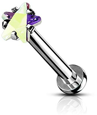 beyoutifulthings Lippen-Piercing Zirkonia-Stern Silber Regenbogen Piercing-s Lippe Labret Stecker Chirurgenstahl Schraub-Verschluss Stab 8 mm