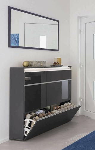 Dmora - Étagère à chaussures Piero, Armoire polyvalente avec 2 portes et 1 porte abattante, Étagère à chaussures d'entrée, 100% Made in Italy, 120x27h108 cm, Anthracite Brillant