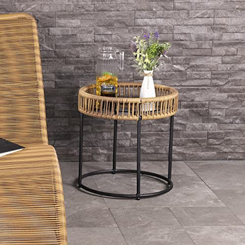 Charles Bentley Zanzibar Table basse en rotin naturel, plateau en verre, pour intérieur et extérieur, jardin, boissons, cadre en acier noir, léger, sans assemblage, décoration (43 x 43 x 45 cm)