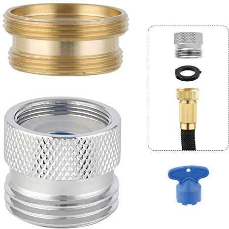 Hibbent Kit d'adaptateur de robinet vers tuyau d'arrosage, raccord de tuyau d'arrosage femelle vers mâle en laiton avec rondelle et clé aérateur, chromé