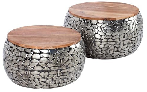 Handgearbeitetes 2er Set Couchtisch Stone Mosaic 65cm Silber Akazienholz Mosaik Optik Wohnzimmertisch Tisch