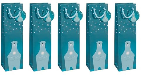 Sigel GT054/5 Flaschen-Geschenktüten aus Papier, 5er Set, 35 x 10 cm, petrolblau, Polar bear with candle, Papier-Geschenktaschen Weihnachten