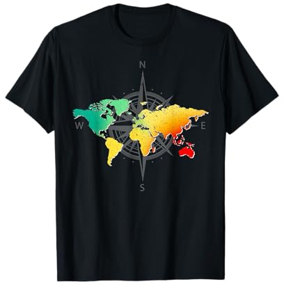 Kompass Globus Weltreise Reisen Farbenfrohes Weltkarte T-Shirt