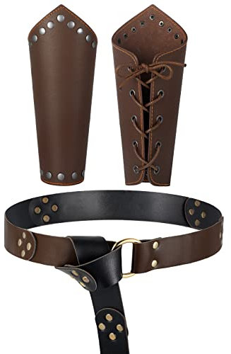 3 Stück Kunstleder Armschutz Halloween Mittelalter Ritter Ring Gürtel Cosplay Wikinger Gürtel Handschuh Armband Renaissance Hosenträger für Damen Herren Braun, braun, Einheitsgröße