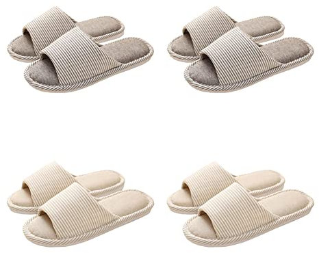 Teceyfeet Set di pantofole unisex per hotel, 4 paia di pantofole da bagno, lavabili per ospiti, in lino, antiscivolo, con punta aperta, per spa, feste, 2 Marrone Eu 41 43 e 2 Beige Eu 36 39, 36/43 EU