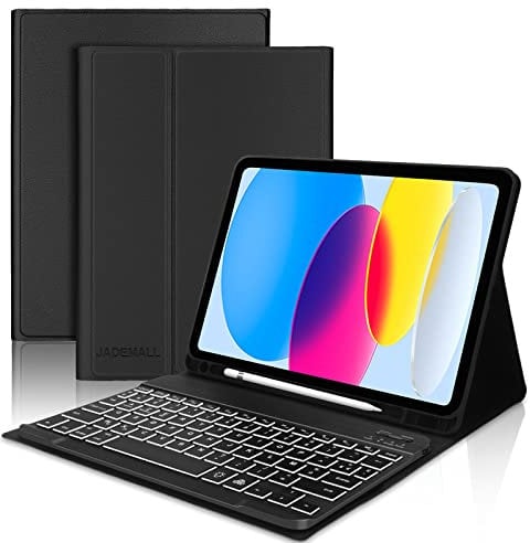 JADEMALL Coque Clavier pour iPad 10eme/11eme Generation 2024/2025 A16, AZERTY Français Clavier Rétro-éclairé Magnétique Détachable Bluetooth avec Fente pour Stylo pour iPad 11/10eme Génération, Noir