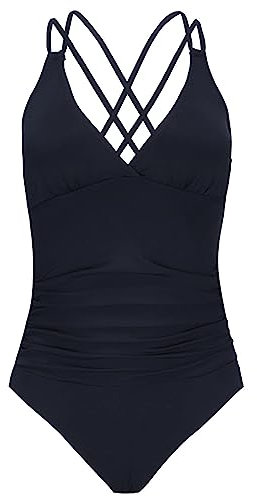 FLYRONG Swimming Costume Women One-Piece Ruching Panel Swimwear Padded Swimsuit with Slightly Higher Cut Bottom (as8, Alpha, m, Regular, Regular, B-Black)