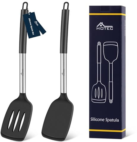 Hotec Pfannenwender, Pfannkuchenwender Silikon Good Grip Schlitz Turner Spatel,Pfannenwender Silikon Zum zum Kochen, Backen, Pfannkuchen, Schwarz,34.8cm