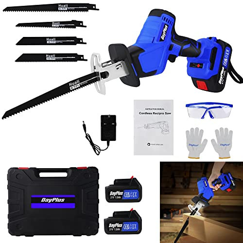 Cordless Powered Reciprocating Saw 21V Brushless Electric Saw Mini Pruning Reciprocating Saw with 1500mAh Batteries,4 Saw Blades,1 Kit Box,0-1900RPM Variable Speed for Metal Wood PVC Pipe Cutting