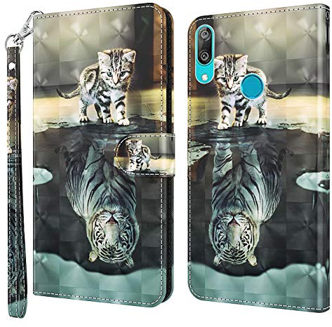GLANDOTU Handyhülle für Huawei Y7 2019 Lederhülle [Standfunktion] [Magnetverschluss] Stoßfest Flip PU Leder Cover Case Klapphülle Huawei Y7 2019 Schutzhülle - Katze & Tiger