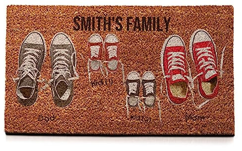 Wanapix | Fußmatte aus Kokosfasern Personalisiert mit Name | Original Türmatte für Innenbereiche | Unterseite | Familien Namen | 2 Schuhe + 2 Kind