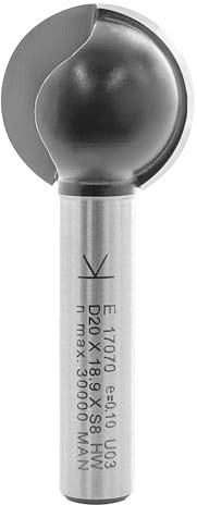 ENT 17070 Kugelfräser HW, Schaft (S) 8 mm, Durchmesser (D) 20 mm, NL 18,93 mm, R 10 mm, T 6 mm, SL 32 mm, für runde Nuten