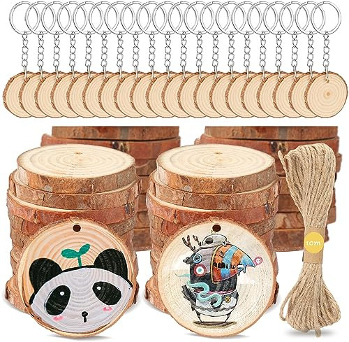 Holzscheiben Set, 20 Stücke Baumscheiben Schlüsselanhänger + 30 Stücke Runde Holzscheiben mit Loch und 10m Juteseil, Holzscheiben Klein für DIY, Hochzeit Dekoration, Geschenk-Dekoration