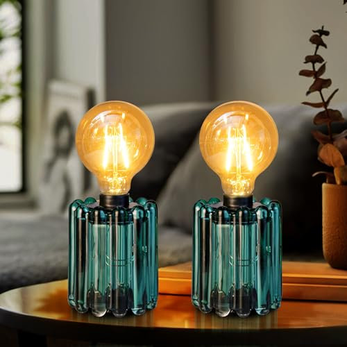 Set of 2 Battery Operated Table Lamp, Battery Powered Cordless Lamp with Timer, Glass Bulb Shape Decorative Lights for Living Room Bedroom Weddings Parties Patio Events Indoors Outdoors(Loden Frost)