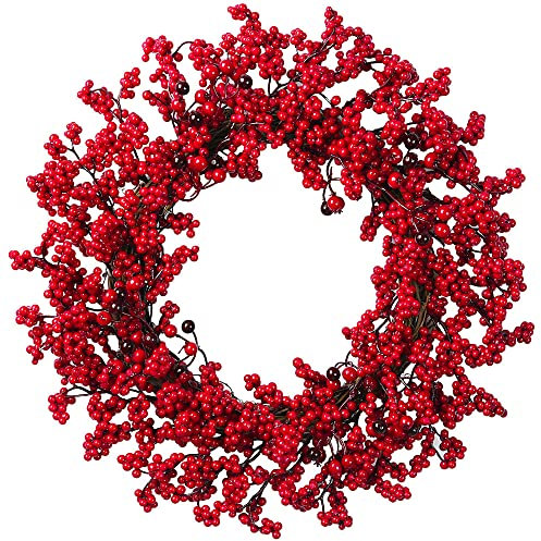 45cm Christmas Red Berry Wreath, Christmas Wreath for Front Door, Xmas Artificial Berries Wreath Lifelike Holly Winterberry Wreath for Home Christmas Decor