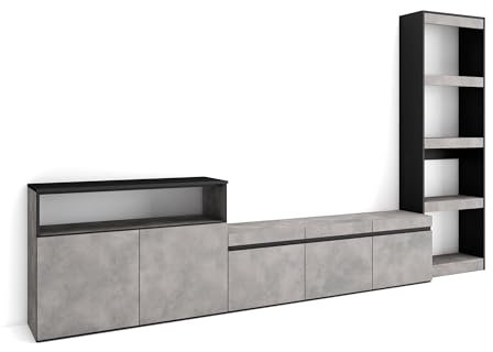 Skraut Home | Wohnwand Wohnzimmer | Wohnzimmermöbel, Möbelset | 310x186x35cm | Für TV-Geräte bis zu 65 | Wohnzimmer Möbel | Moderner Stil | Zement