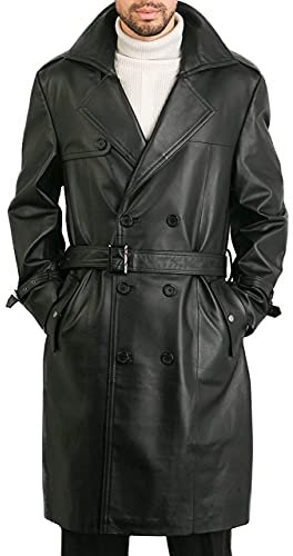 Trench Coat Men- Black Long Lenght Double Breasted Belted Real Lambskin Leather Overcoat For Men's (DB Trench-(Black), UK, Alpha, XXL, Regular, Regular)
