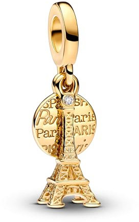 Pandora Moments Engravable Eiffel Tower 14k gold-plated dangle with 0.009 ct TW GHI VS2+ round brilliant good-very good lab-grown diamond