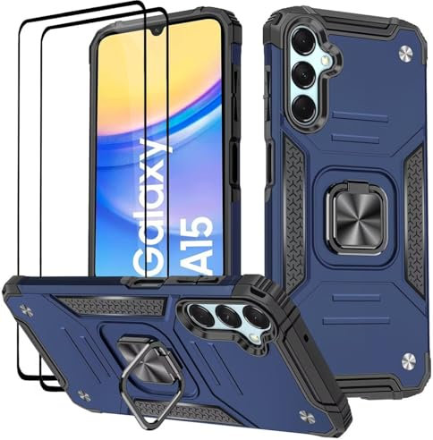 KANSi Cover per Samsung Galaxy A15, Vetro Temperato [2 Pack] Custodie Silicone TPU 360° Rotante Anello Magnetica Anello Ring Supporto Bumper - Blu