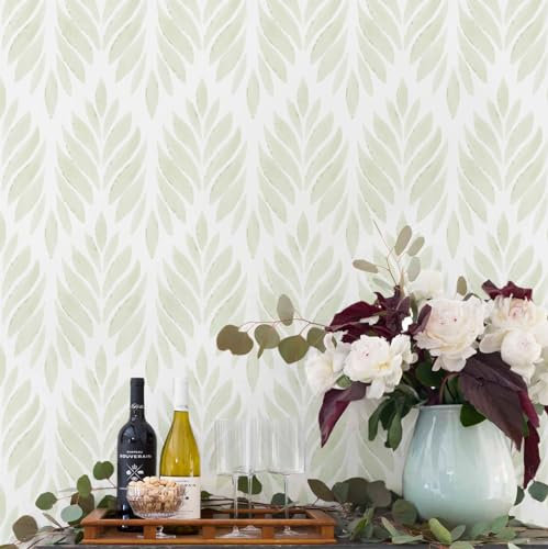 Aniboo Modern Peel and Stick Wallpaper Boho Sage Green Contact Paper Self Adhesive Neutral Removable Wallpaper for Bedroom Bathroom Waterproof Green Leaf Contact Paper Farmhouse White 393inL 17.3in